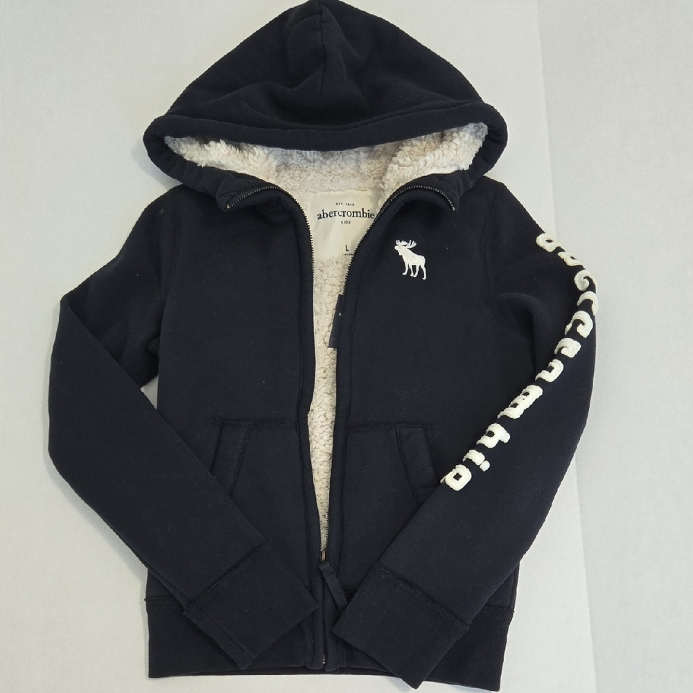 Abercrombie Kids Dark Blue Sherpa Lined Zip-Up Hoodie Jacket - Size Boys L - NWT
